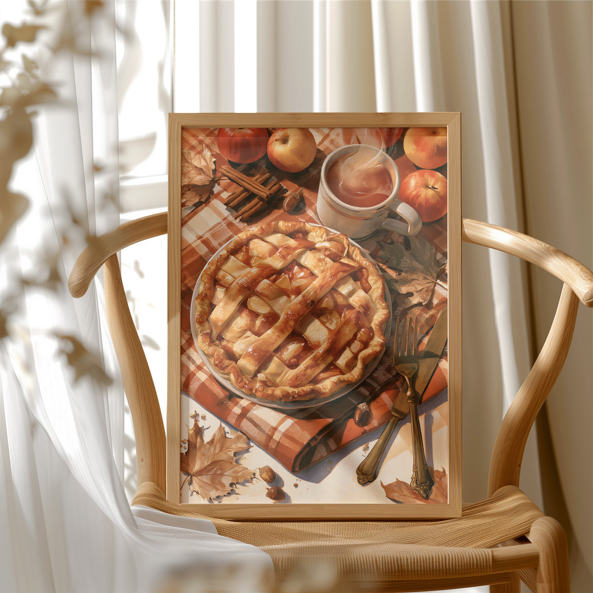 Lattice Get This Pie Started, framed print resting on a wooden chair beside sheer curtains