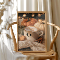 Latte Spirits, Feeling Ghoul, framed print resting on a wooden chair beside sheer curtains