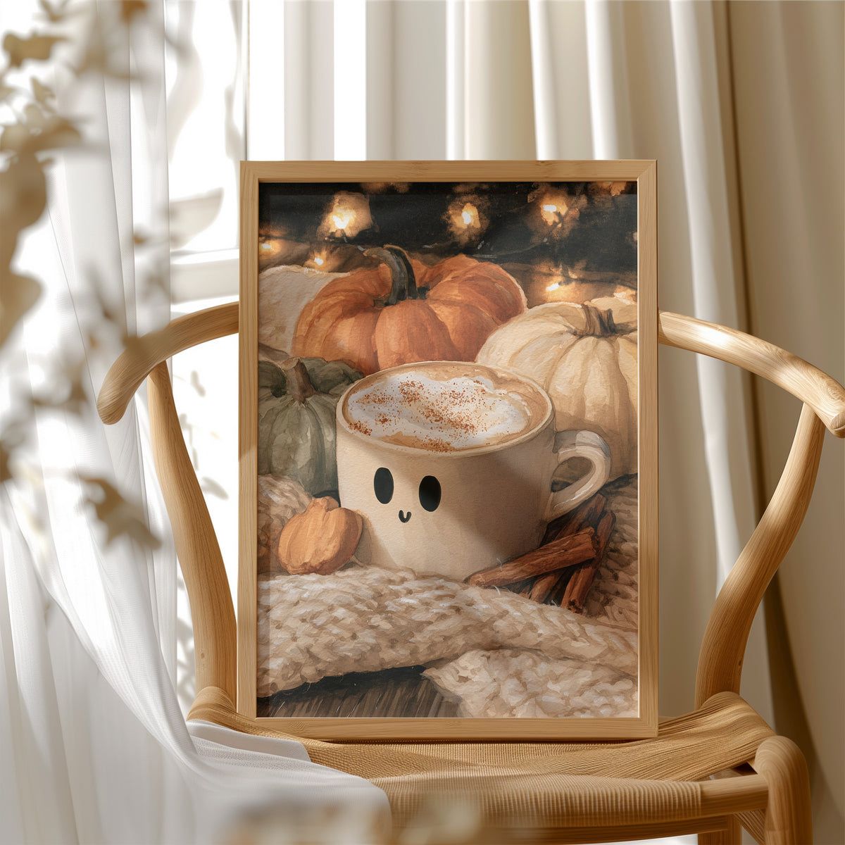 Latte Spirits, Feeling Ghoul, framed print resting on a wooden chair beside sheer curtains