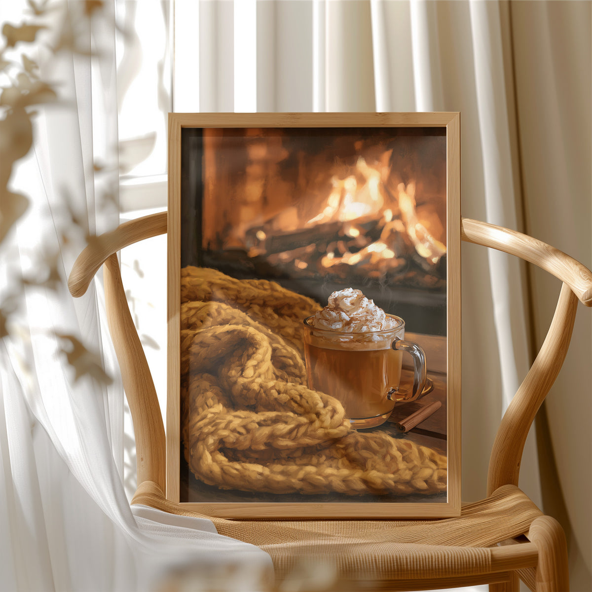 Hearth Of The Matter, framed print resting on a wooden chair beside sheer curtains