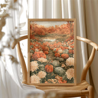 Mums The Word In The Pumpkin Patch, framed print resting on a wooden chair beside sheer curtains
