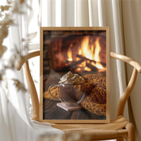 Cocoa Loco By The Fire, framed print resting on a wooden chair beside sheer curtains