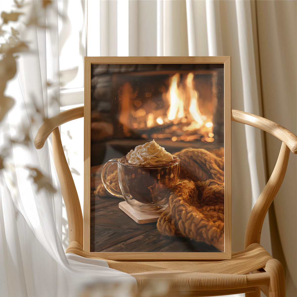 Mocha Ado About Nothing, framed print resting on a wooden chair beside sheer curtains