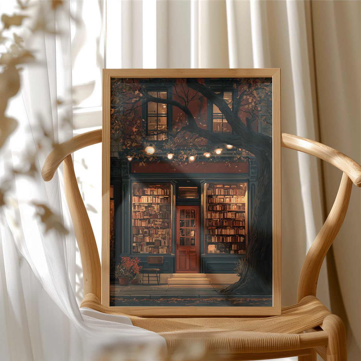 Shelf Awareness After Dark, framed print resting on a wooden chair beside sheer curtains