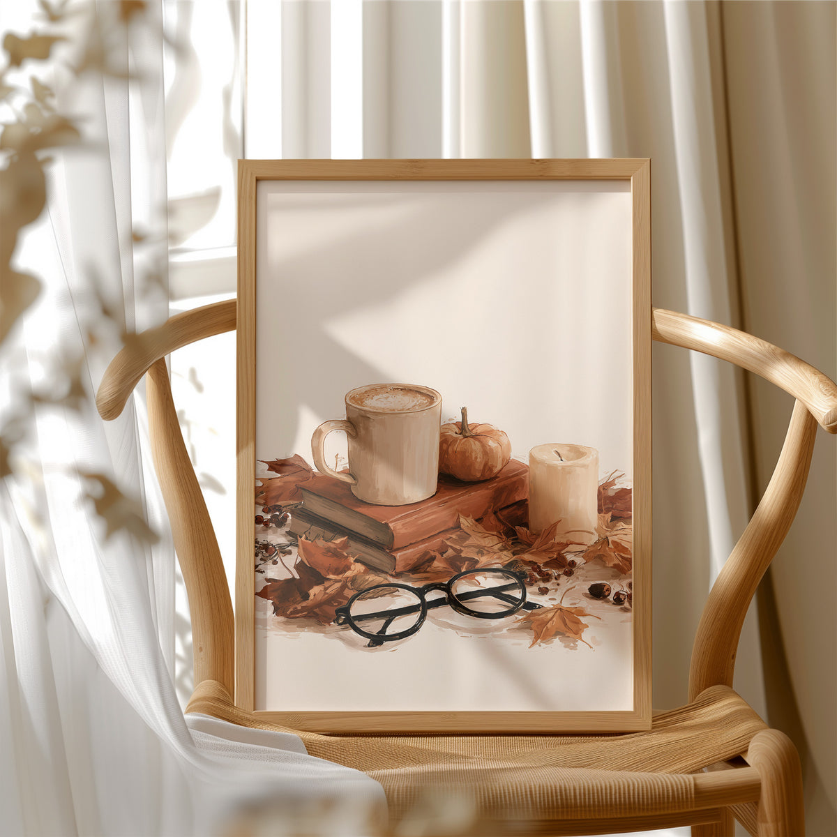 Read Between The Latte Lines, framed print resting on a wooden chair beside sheer curtains