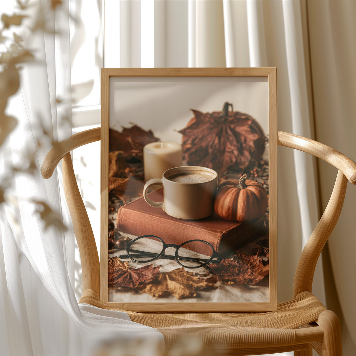 Novel Idea: More Coffee, framed print resting on a wooden chair beside sheer curtains