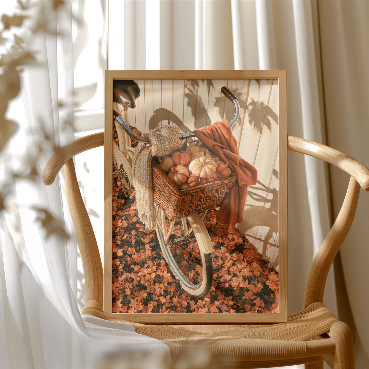 Gourd Delivery, Pedal Powered, framed print resting on a wooden chair beside sheer curtains