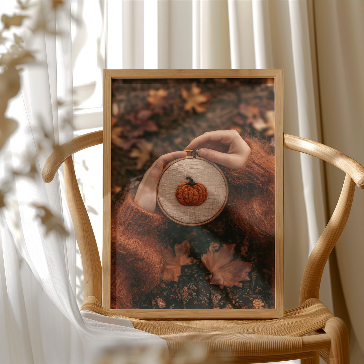 Hoop Dreams, Pumpkin Edition, framed print resting on a wooden chair beside sheer curtains