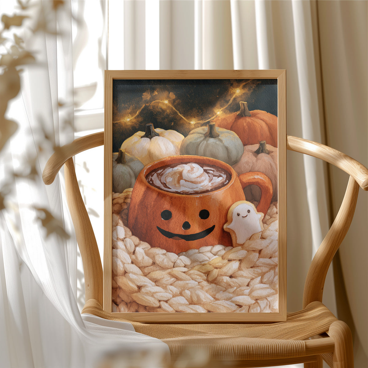 Mug Life: Jack O Latte Edition, framed print resting on a wooden chair beside sheer curtains