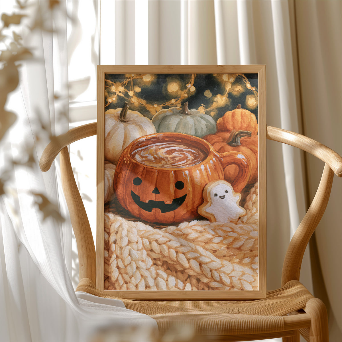 Snaggletooth Sips And Sweet Treats, framed print resting on a wooden chair beside sheer curtains
