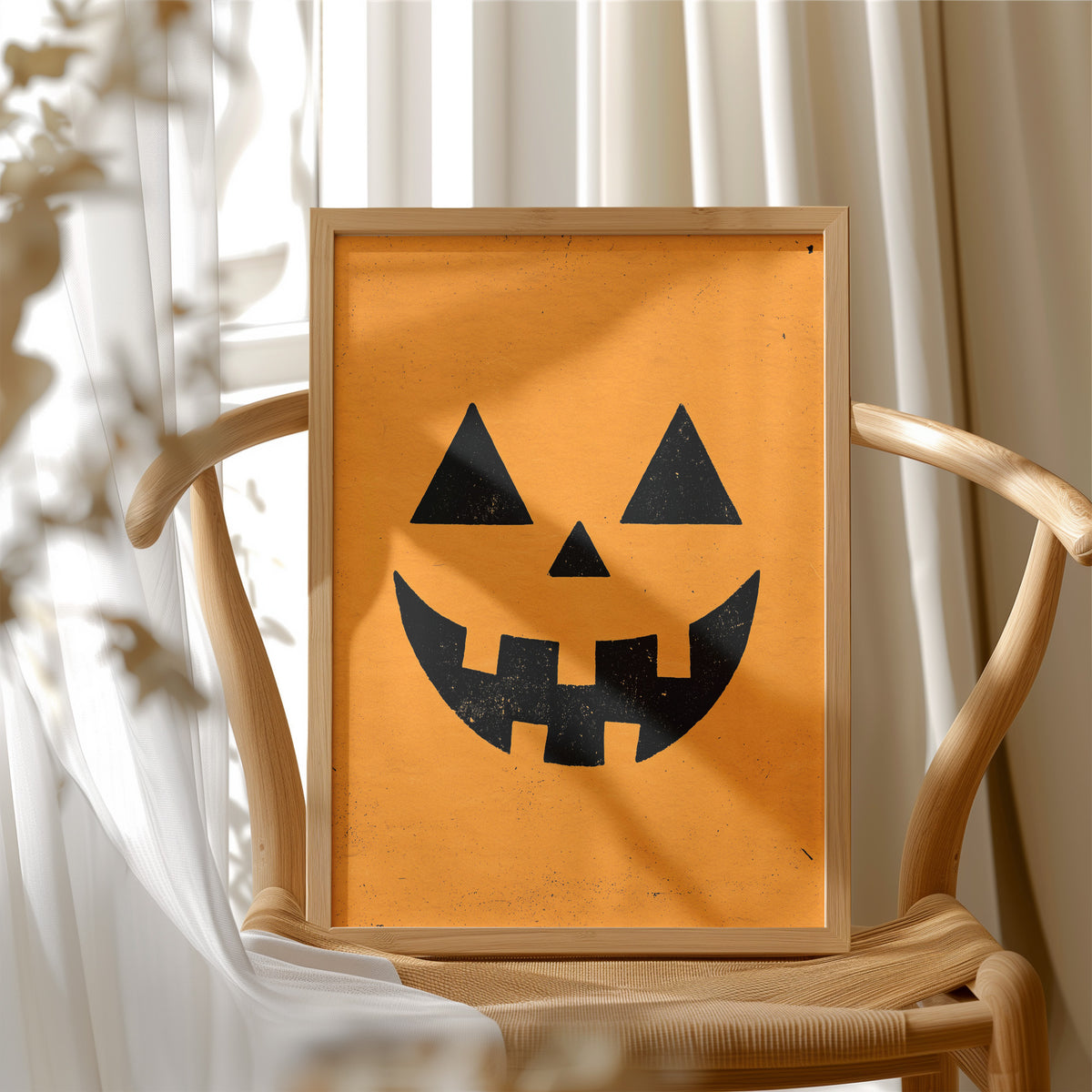 Face Value: Totally Gourd geous, framed print resting on a wooden chair beside sheer curtains
