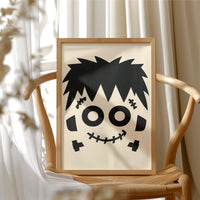 Bolt Of Approval, framed print resting on a wooden chair beside sheer curtains