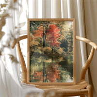 Mirror Mirror On The Pond, framed print resting on a wooden chair beside sheer curtains