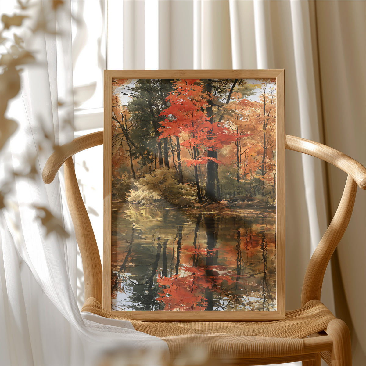 Seeing Red, Reflecting Well, framed print resting on a wooden chair beside sheer curtains