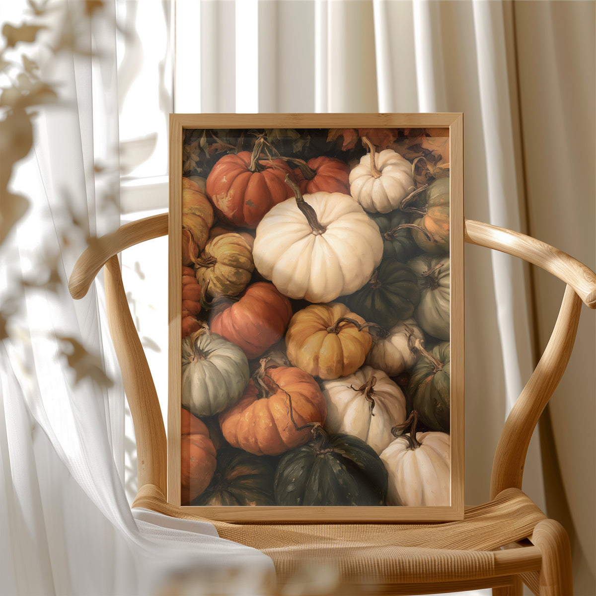 Squash Goals, Achieved, framed print resting on a wooden chair beside sheer curtains