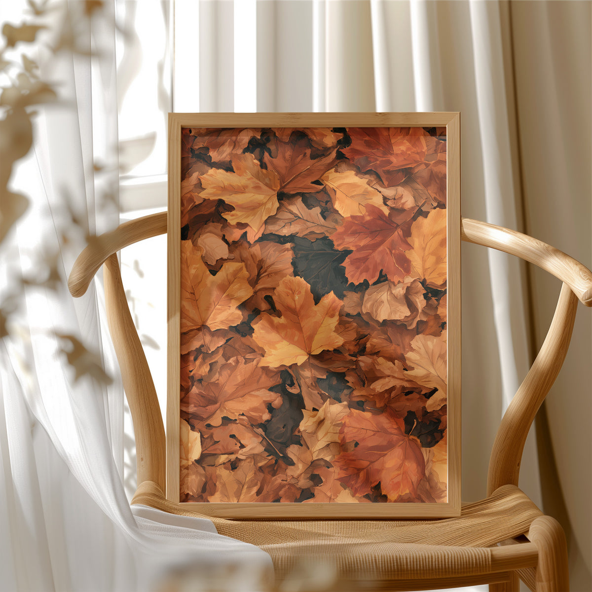 Fall Back And Relax, framed print resting on a wooden chair beside sheer curtains