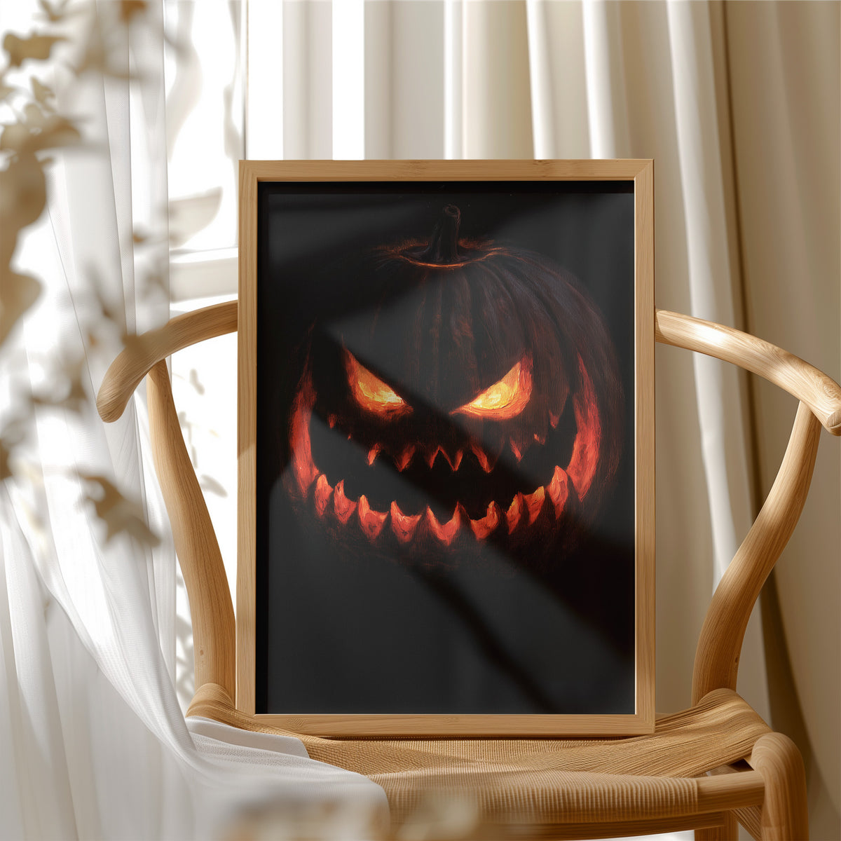 Lit From Within, Not In A Nice Way, framed print resting on a wooden chair beside sheer curtains