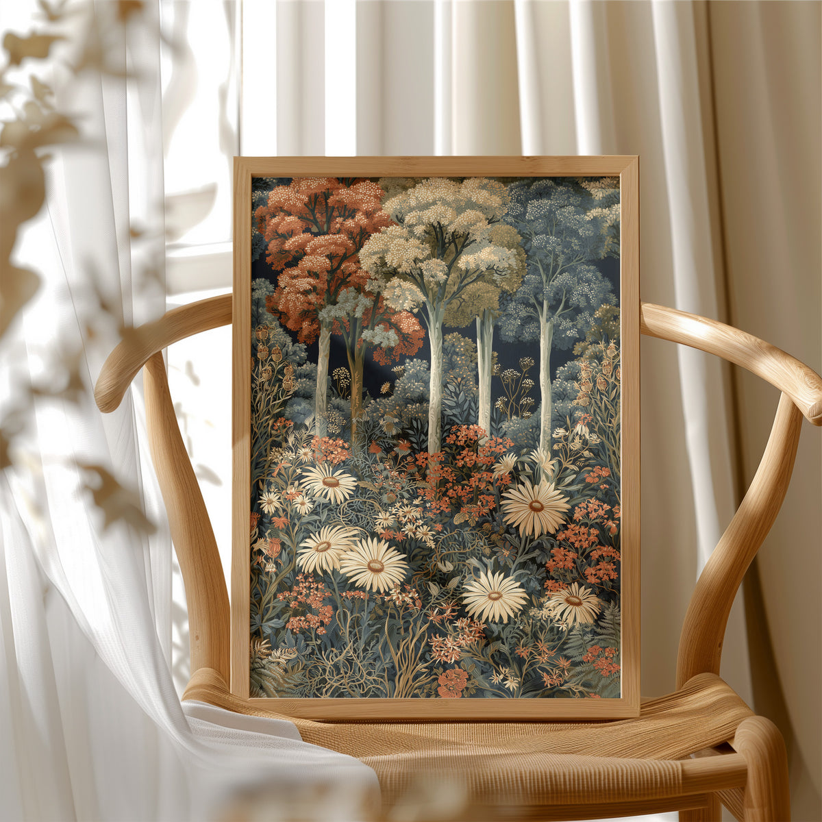 Daisy Chain Reaction In The Woods, framed print resting on a wooden chair beside sheer curtains