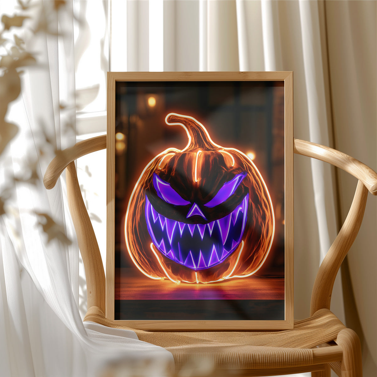 Neon Trouble Brewing, framed print resting on a wooden chair beside sheer curtains