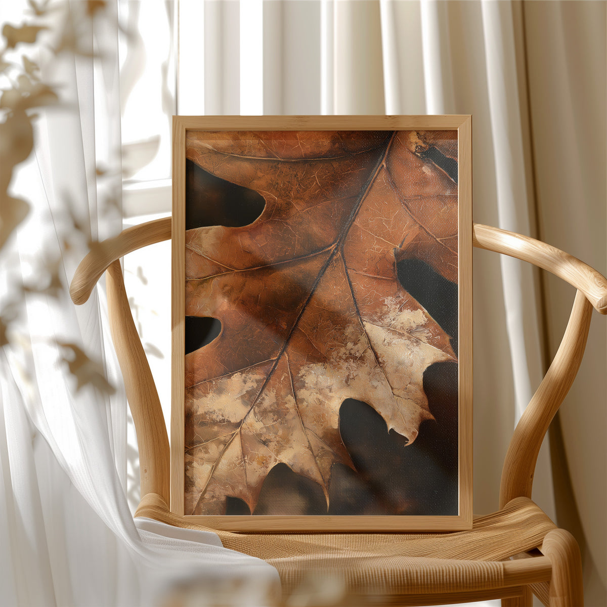 Oak ay, Ready For My Close Up, framed print resting on a wooden chair beside sheer curtains