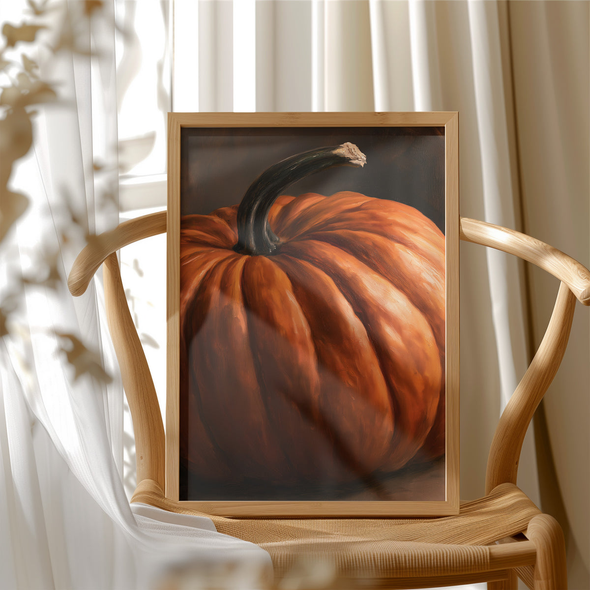 Thick And Proud Of It, framed print resting on a wooden chair beside sheer curtains