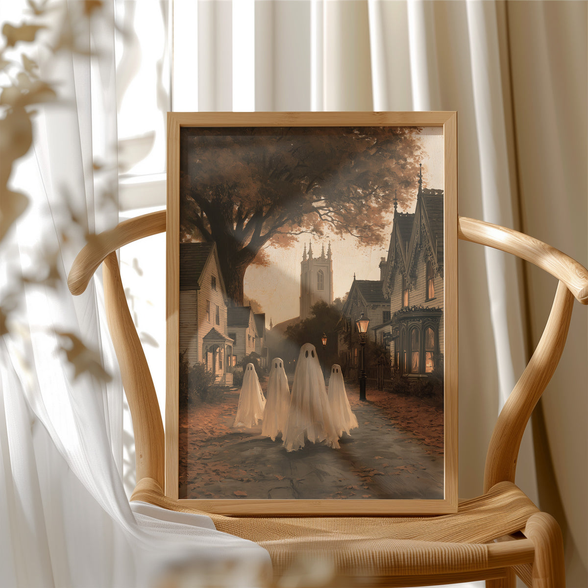 Neighborhood Watch, After Hours, framed print resting on a wooden chair beside sheer curtains
