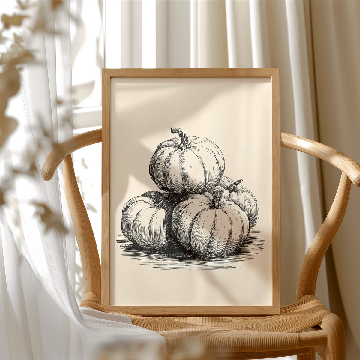 Top Gourd Takes The High Ground, framed print resting on a wooden chair beside sheer curtains
