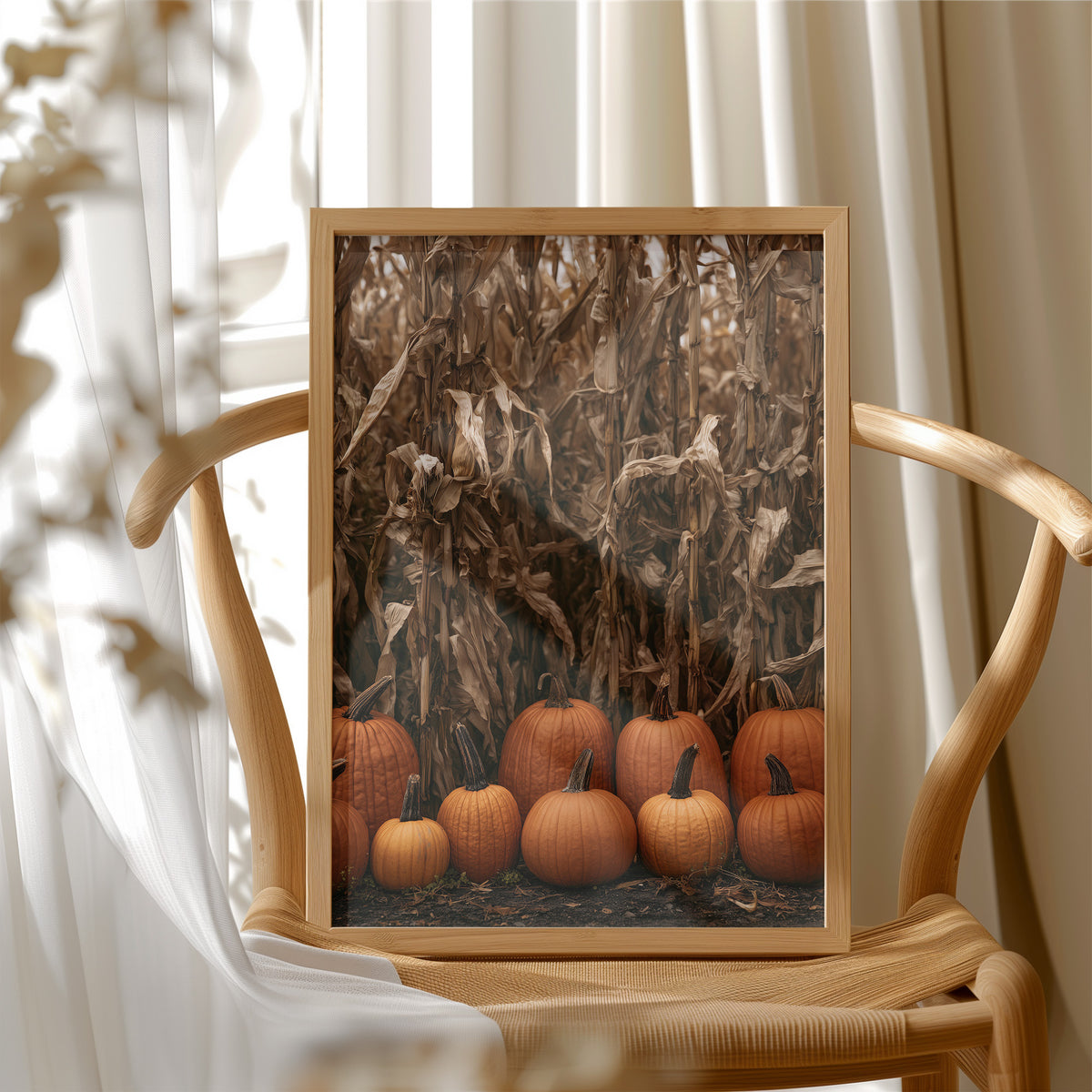 Lineup At The Corn Maze, framed print resting on a wooden chair beside sheer curtains