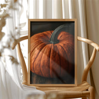 Speckled, Ribbed, And Ready For Its Portrait, framed print resting on a wooden chair beside sheer curtains