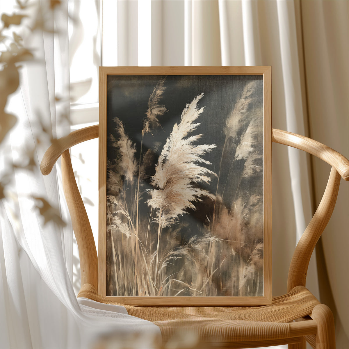 Gone With The Wind, Fluff Included, framed print resting on a wooden chair beside sheer curtains