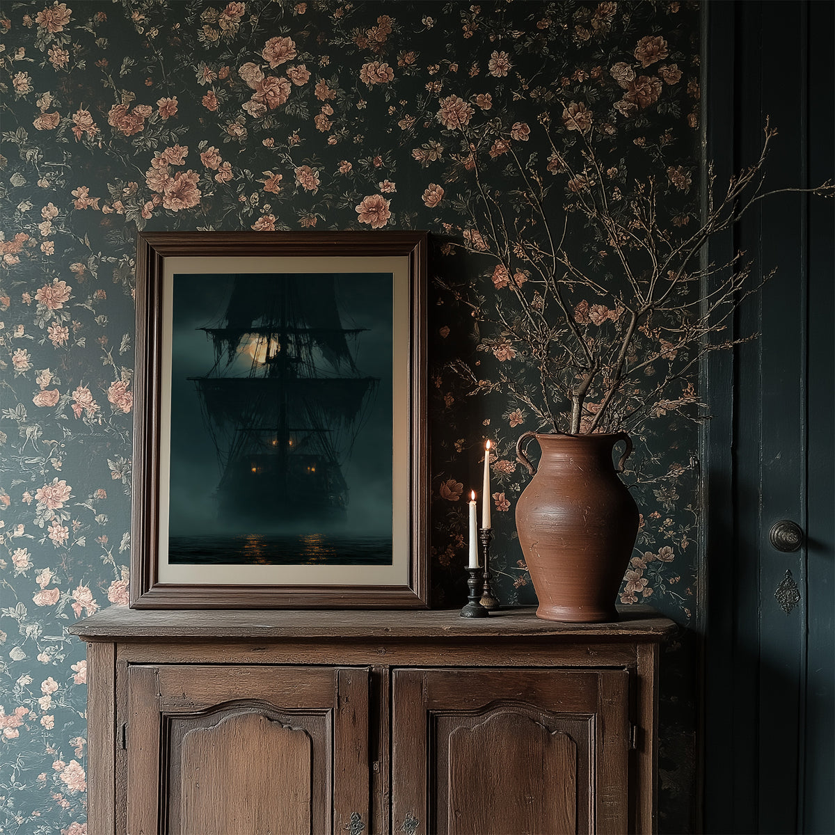 Ghost Ship Arriving Fashionably Late, framed print resting on a wooden chair beside sheer curtains