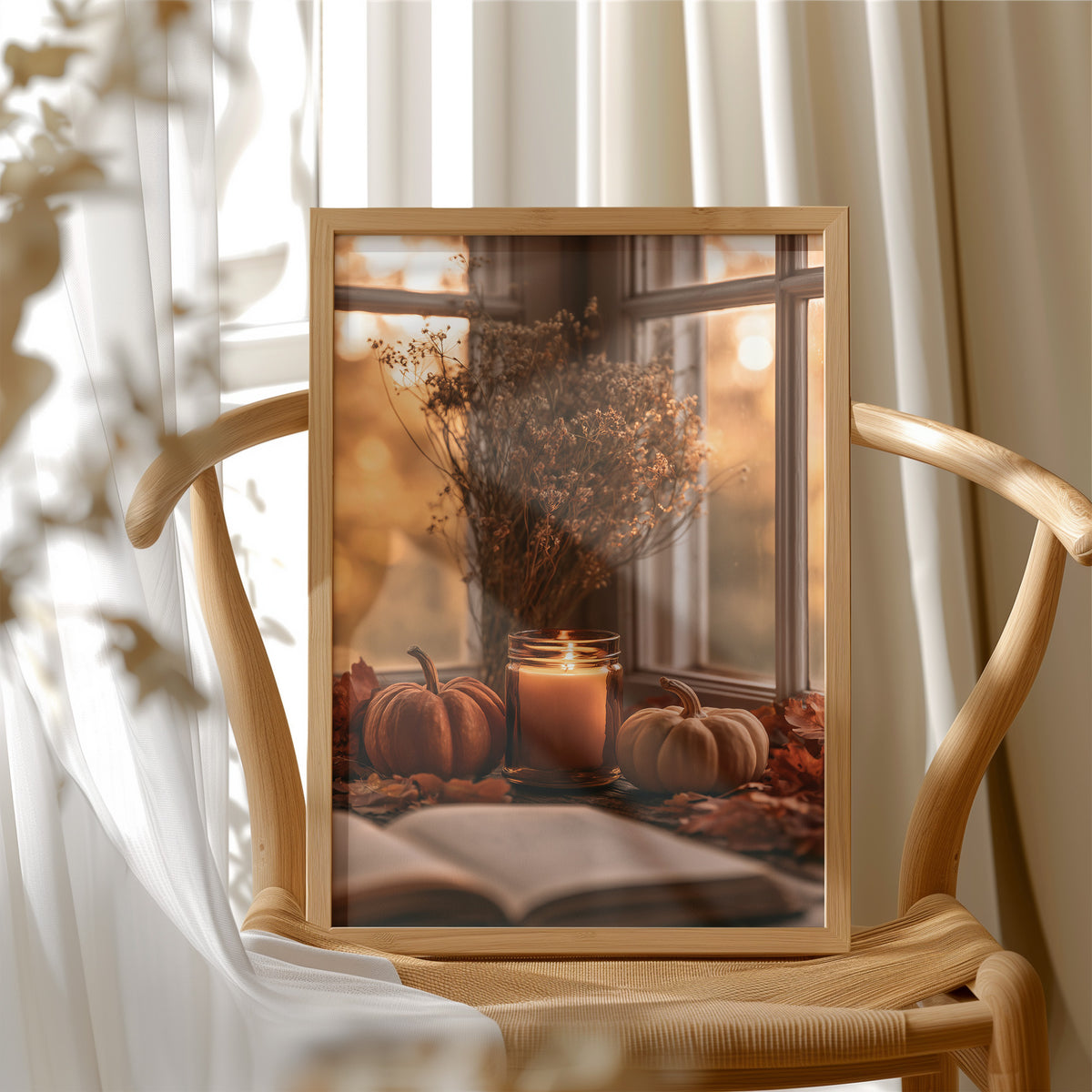 Candle Lit, Chapter Pending, framed print resting on a wooden chair beside sheer curtains