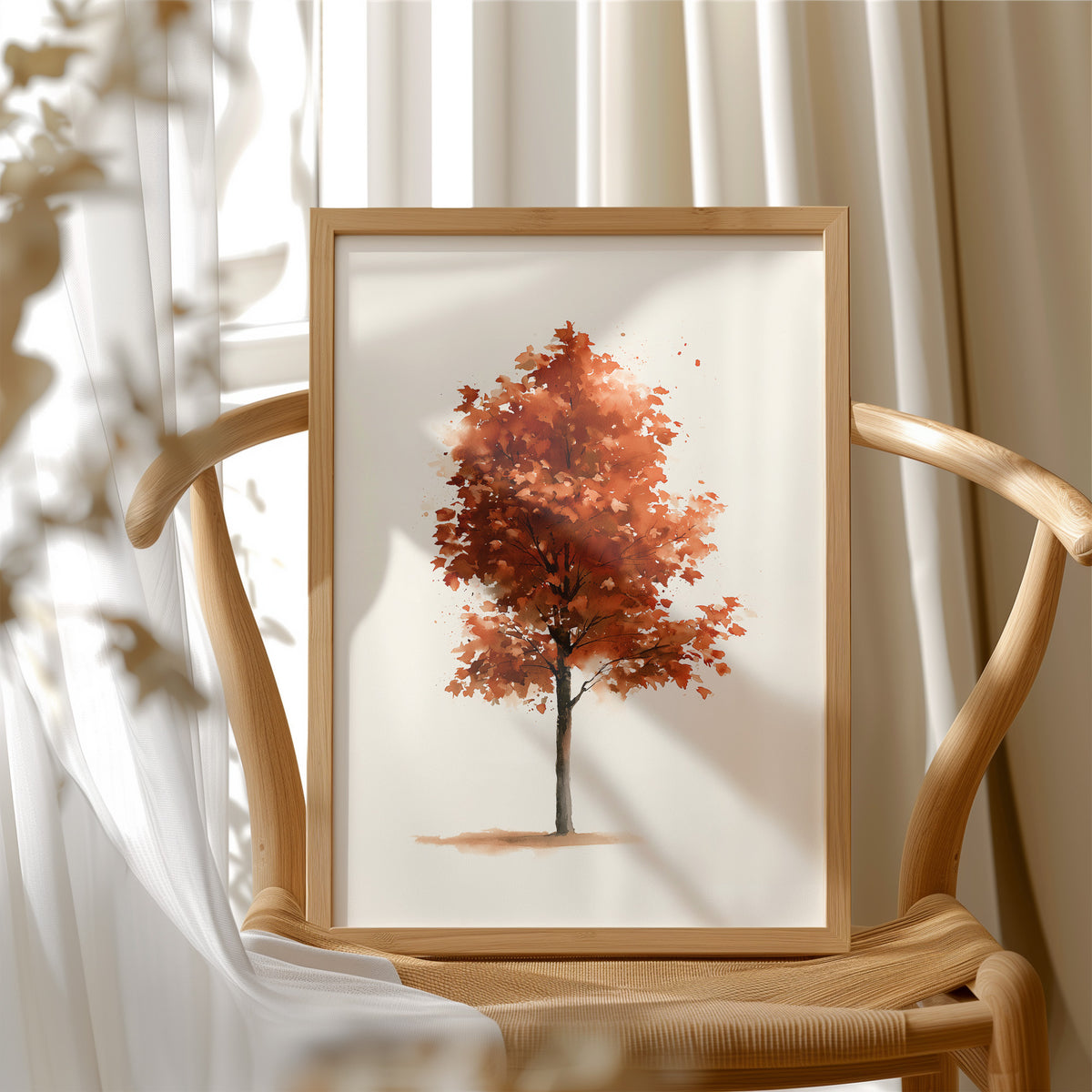 Solo Act, Standing Ovation, framed print resting on a wooden chair beside sheer curtains