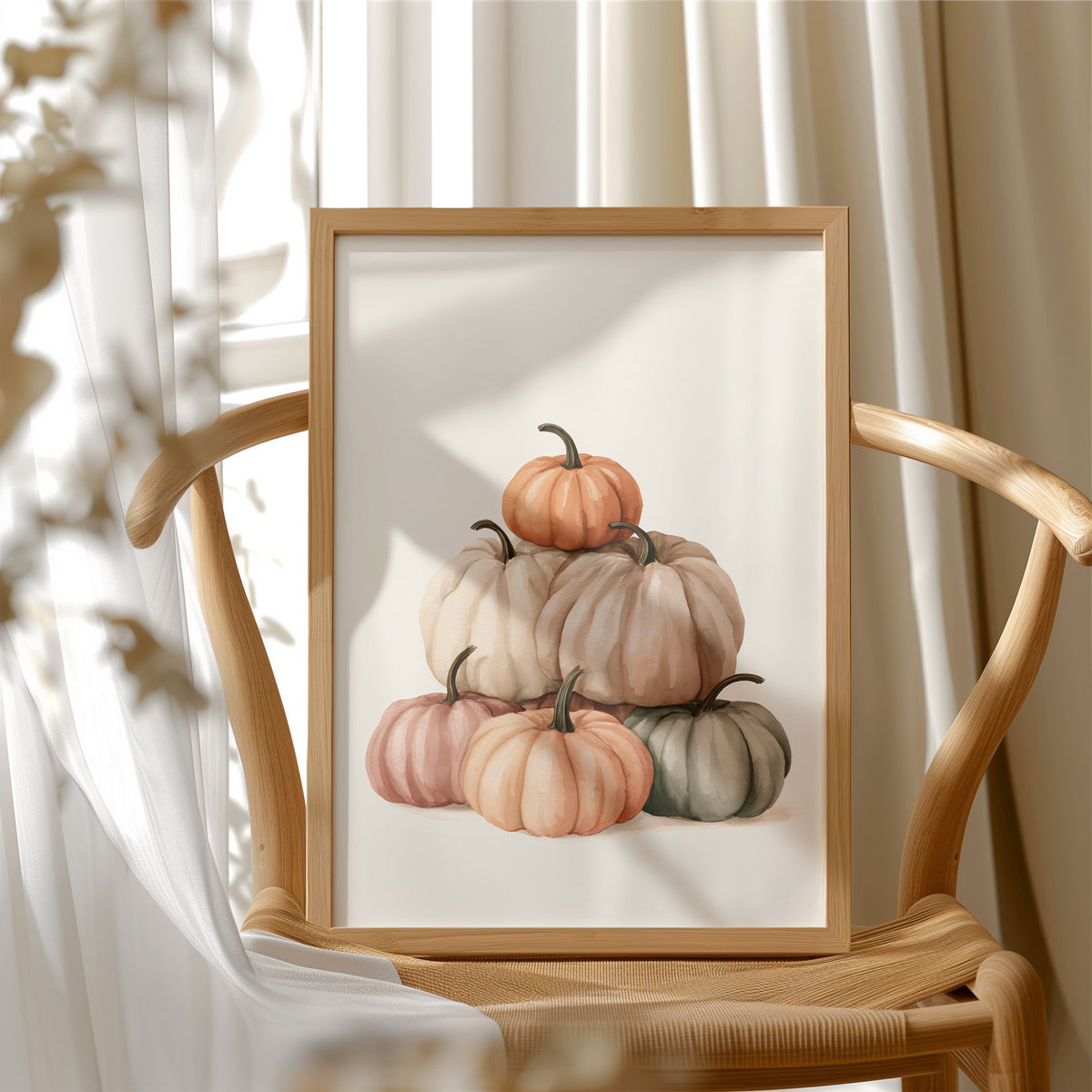 Pastel Pyramid Scheme, framed print resting on a wooden chair beside sheer curtains