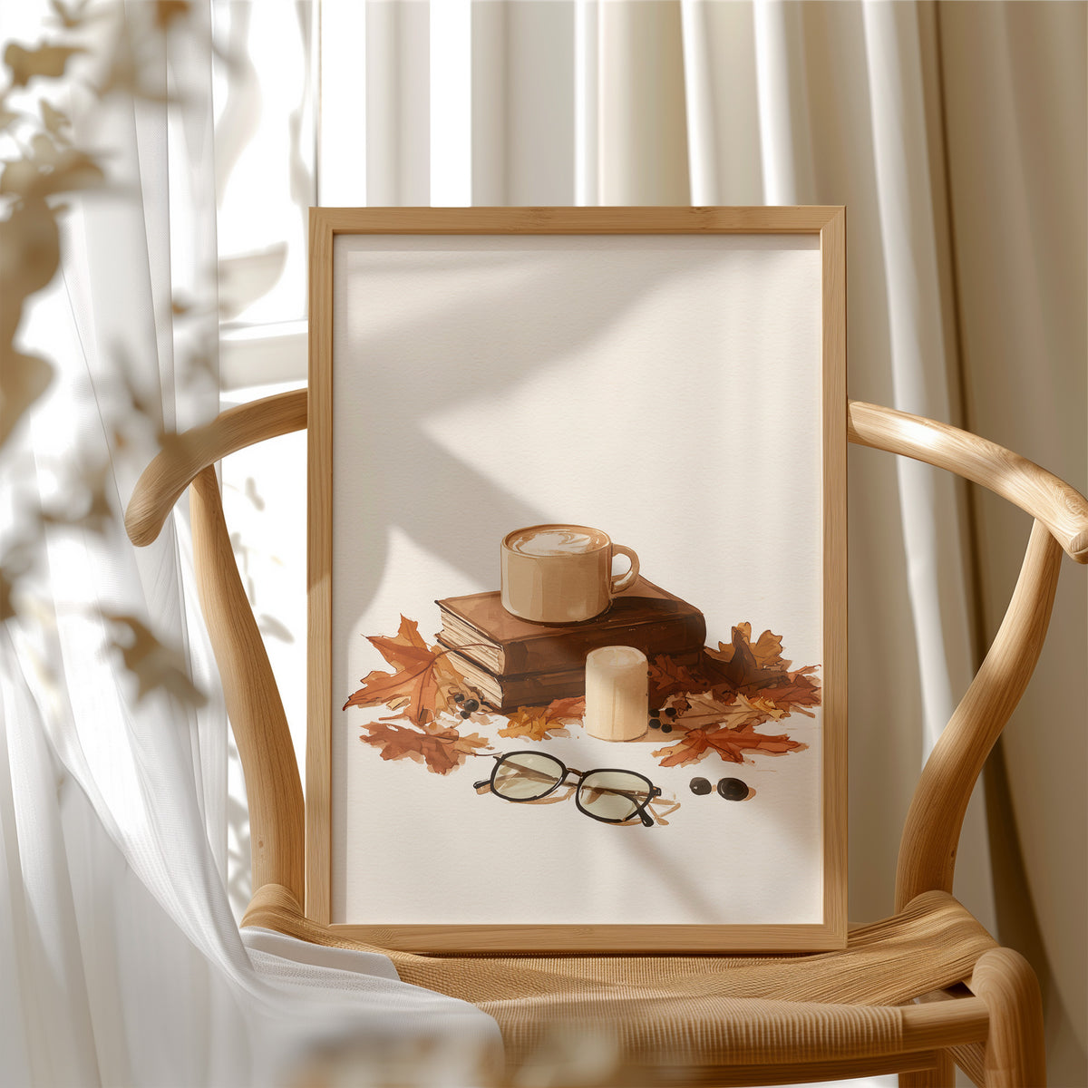 Brewed Awakening Between Chapters, framed print resting on a wooden chair beside sheer curtains