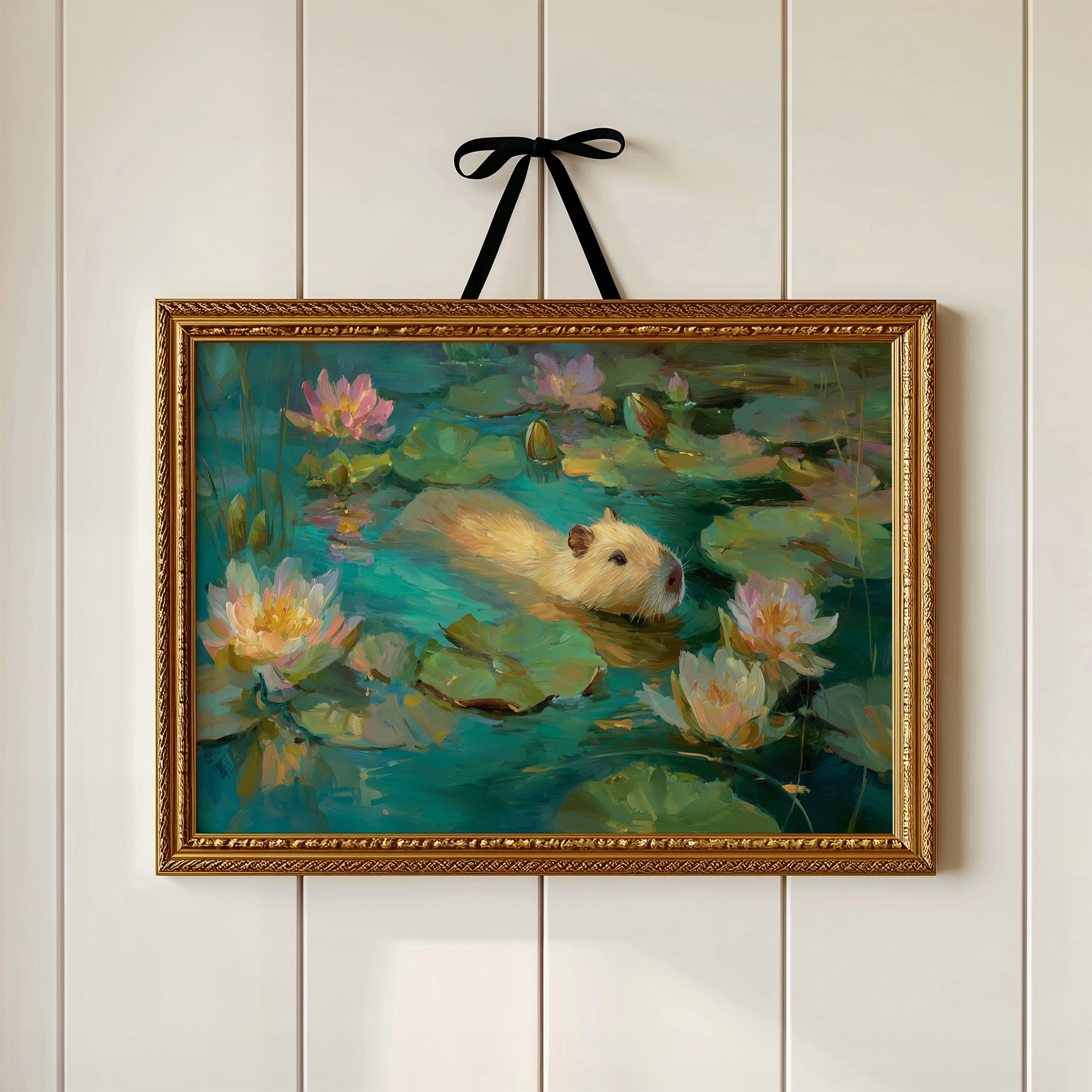 Golden Swimmer Among Water Lilies