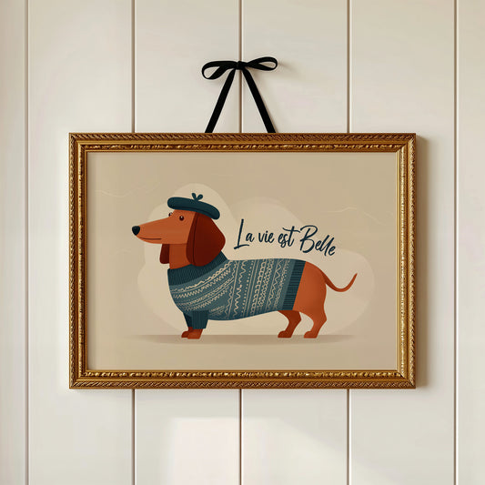 La Vie Est Belle Canvas Art | French Dachshund in Beret & Sweater Print for Living Room, Office or Dog Lover Décor