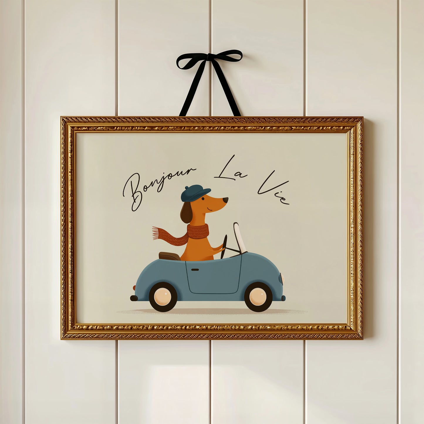 Bonjour La Vie Canvas Art | French Dachshund Driving Convertible Print for Living Room, Office or Dog Lover Décor
