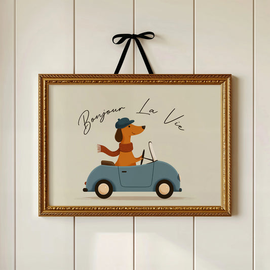 Bonjour La Vie Canvas Art | French Dachshund Driving Convertible Print for Living Room, Office or Dog Lover Décor