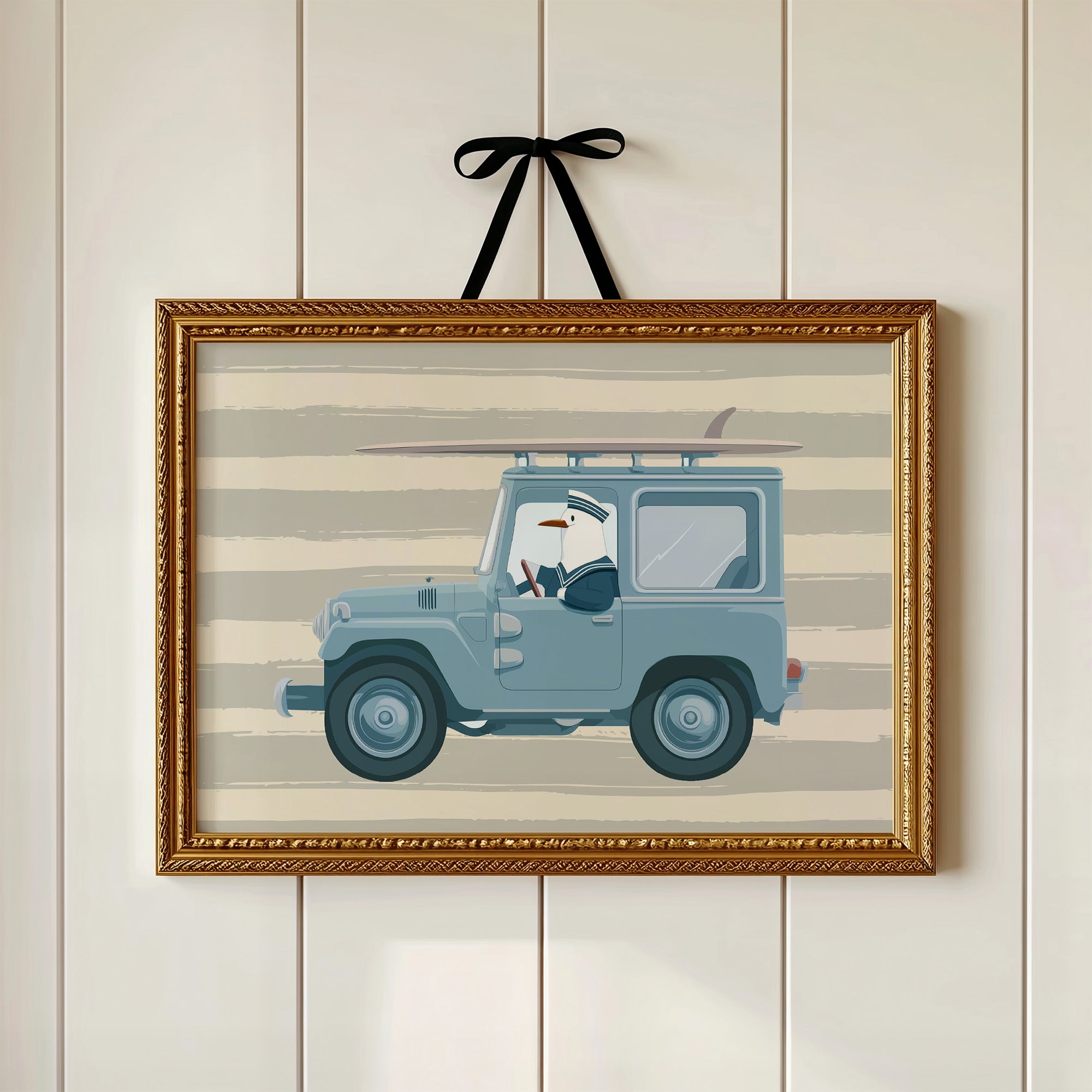 Surfing Seagull Canvas Art | Coastal Bird Driving Jeep with Surfboard Print for Beach House, Kids Room or Nautical Décor