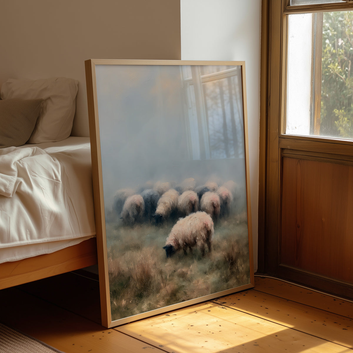 Sheep Grazing in Morning Mist