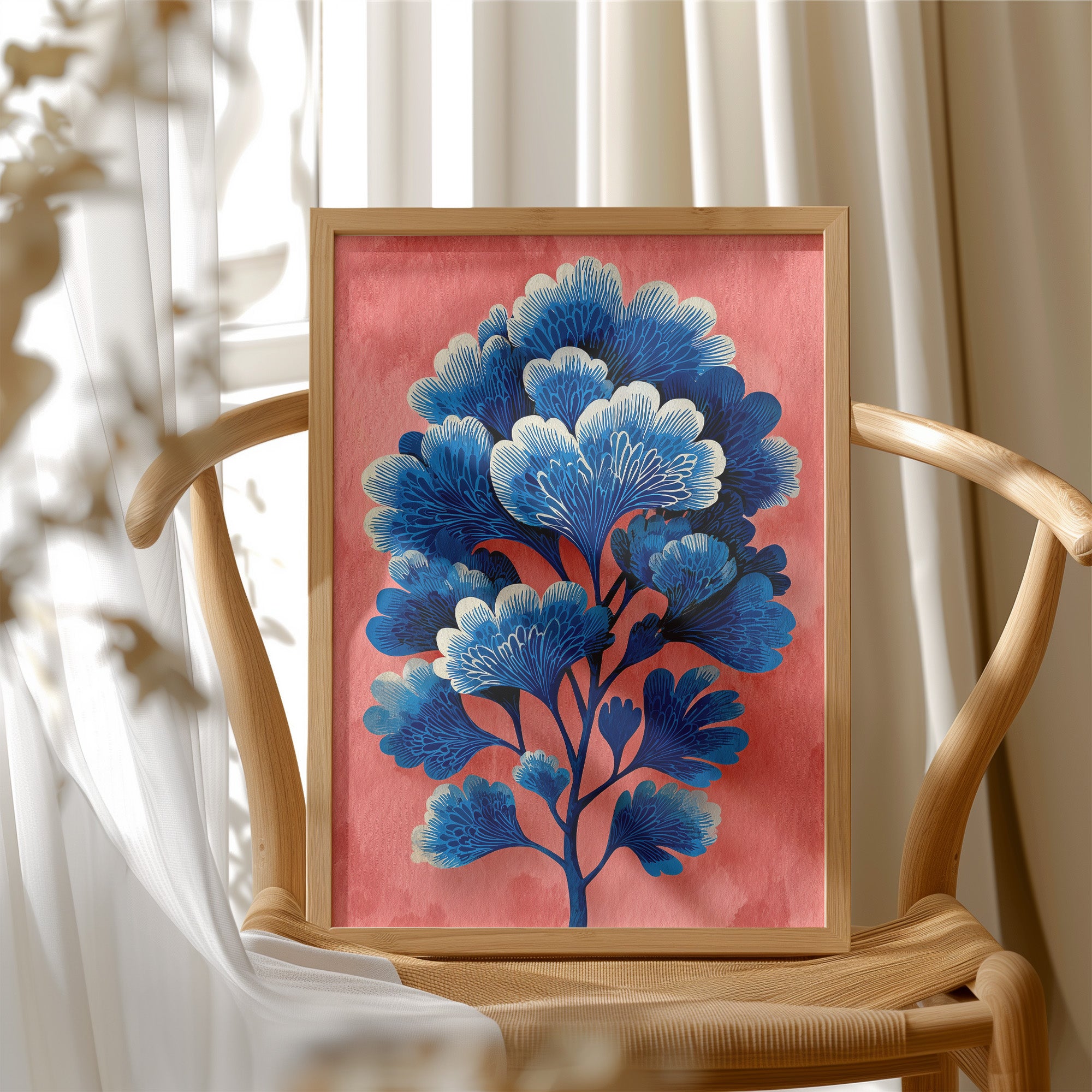Blue Blooms on a Coral Wall