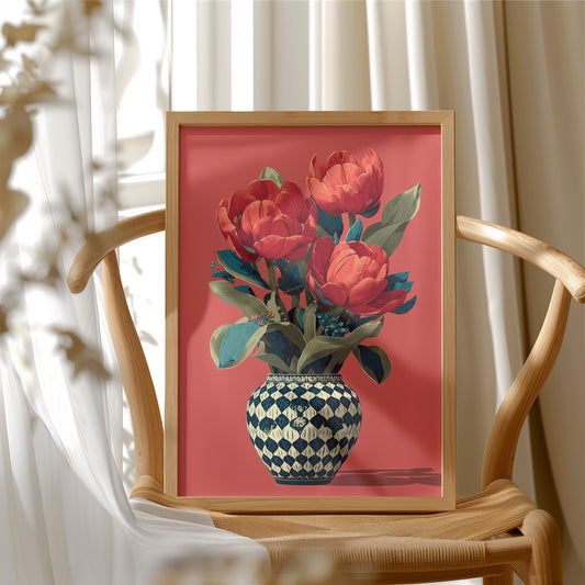 Red Tulips in a Traveled Vase