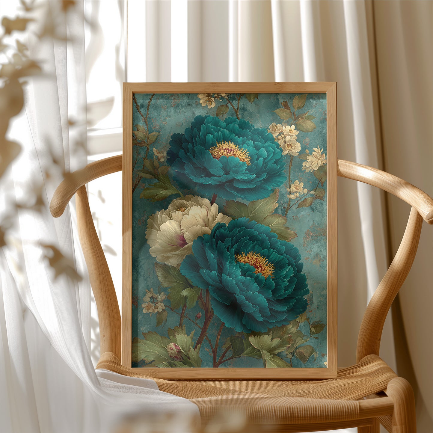Teal Peonies on a Weathered Wall