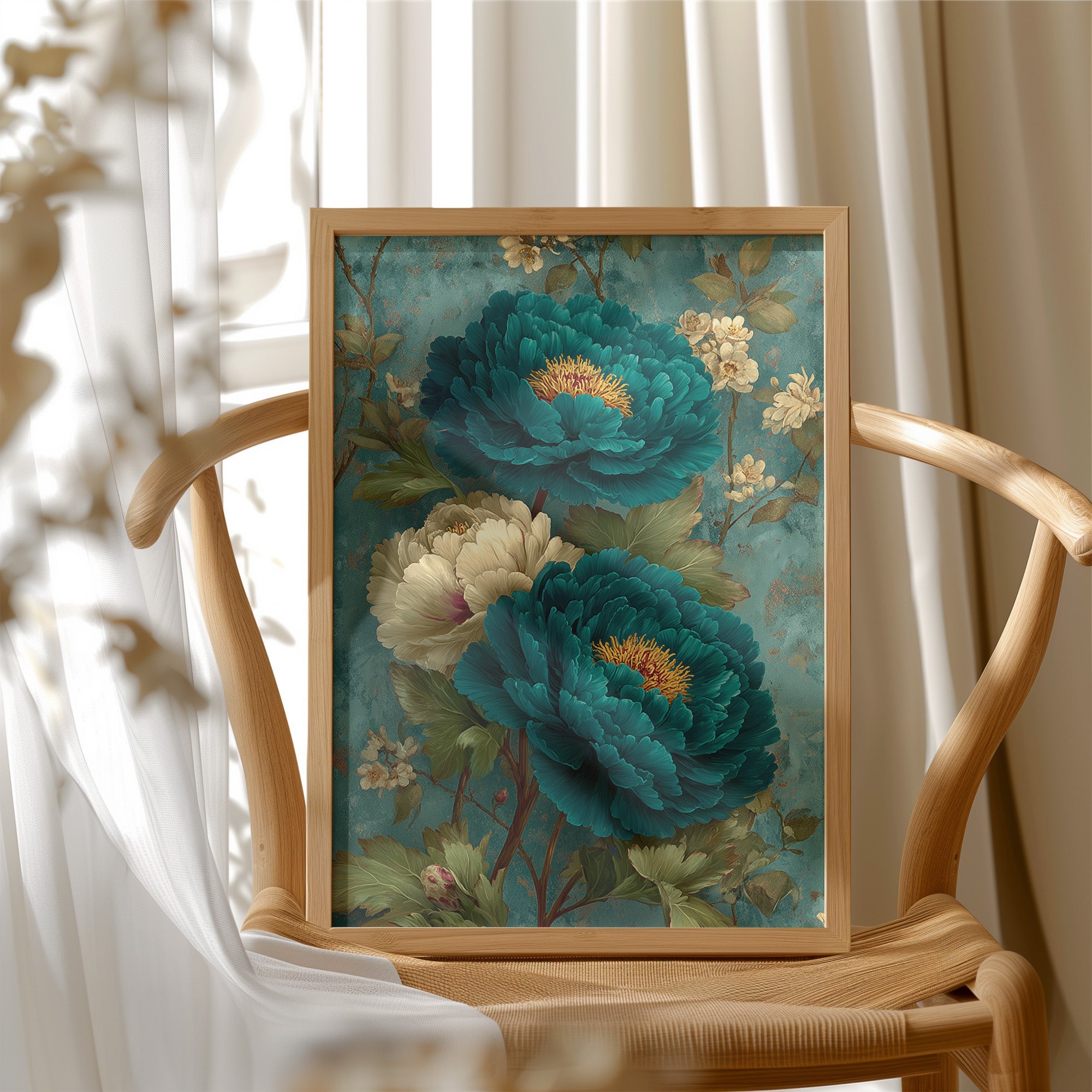 Teal Peonies on a Weathered Wall