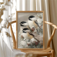 Chickadees on Frosted Pine