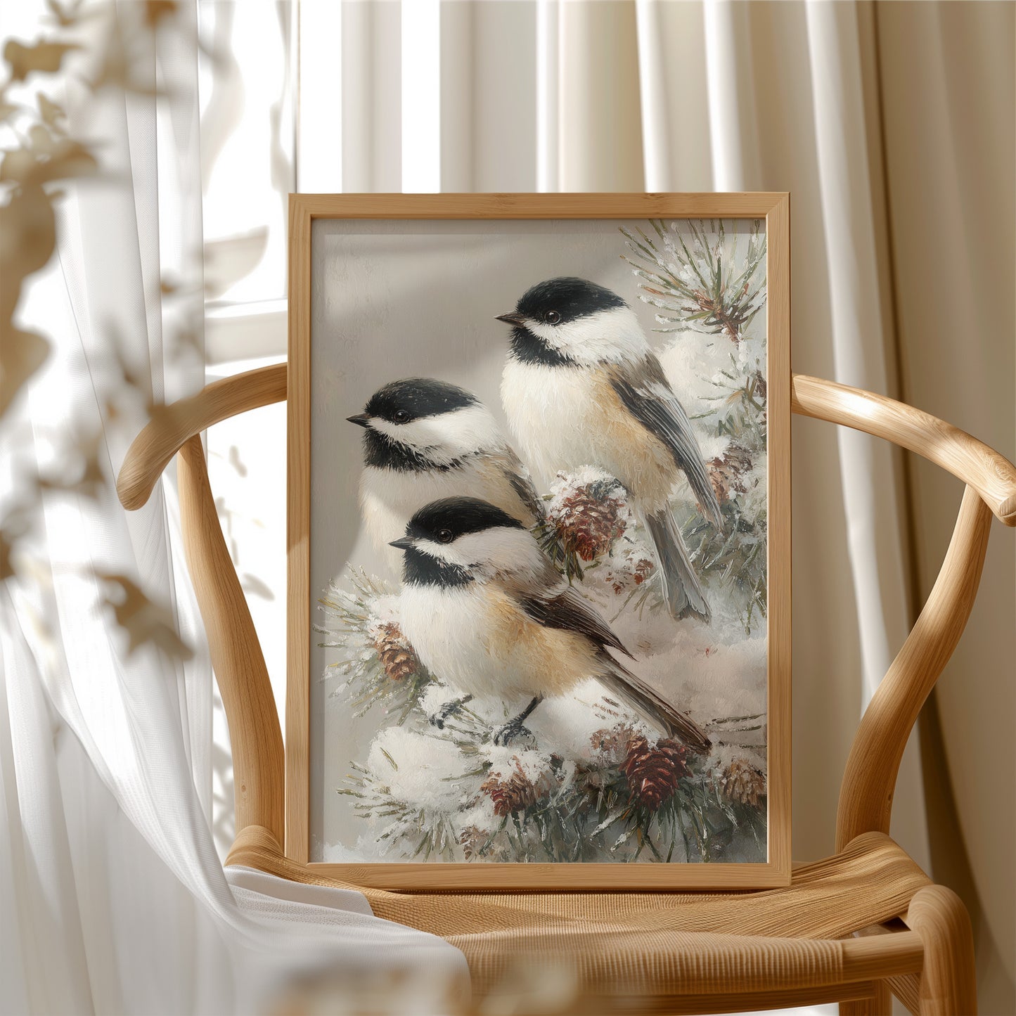 Chickadees on Frosted Pine