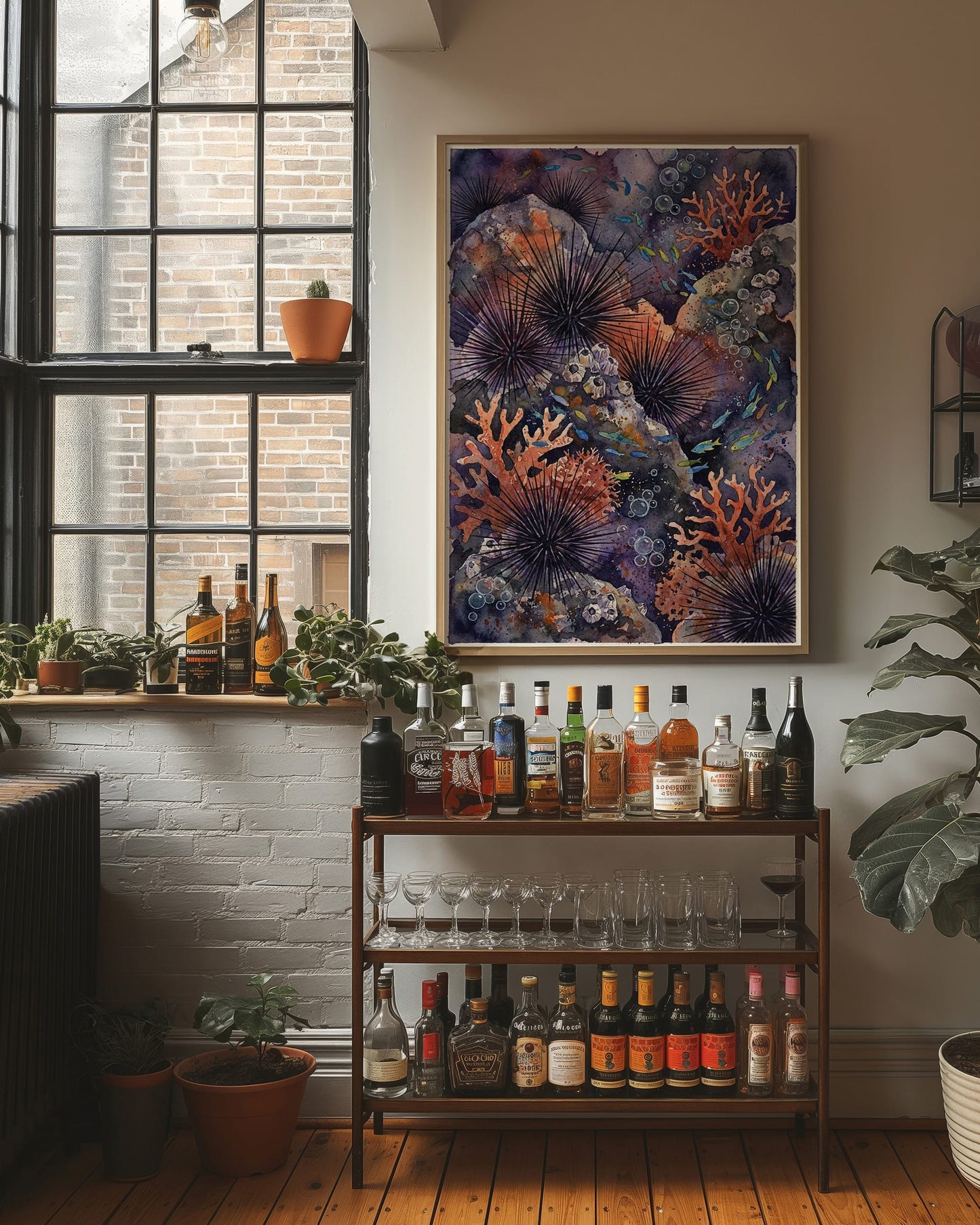 Spined Sentinels: Watercolor Sea Urchin Reef