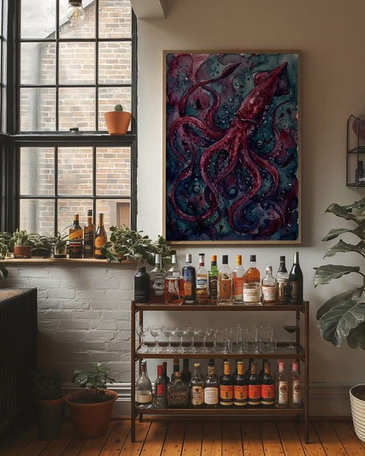 Crimson Depths: Watercolor Giant Squid Study