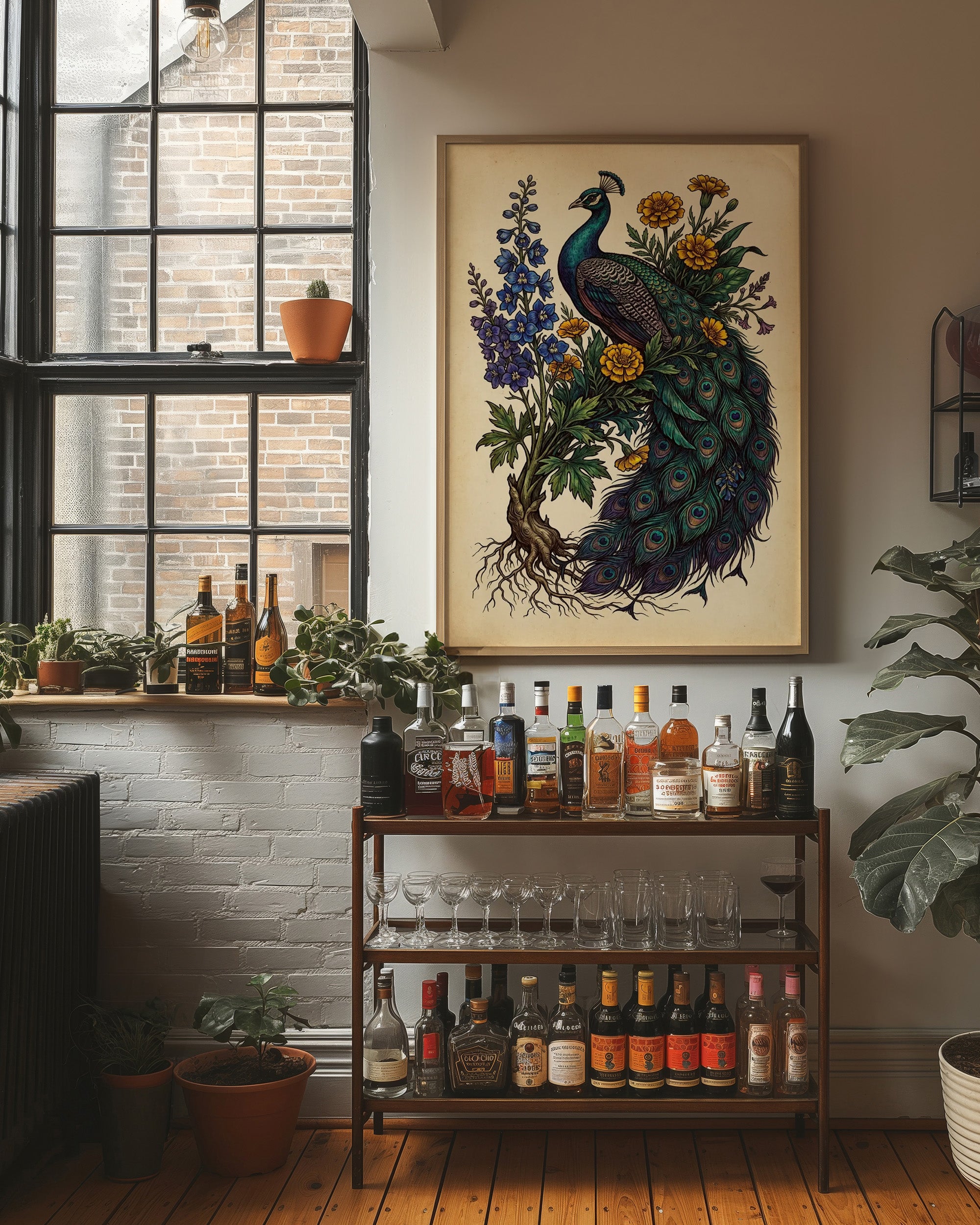 Peacock and Marigolds